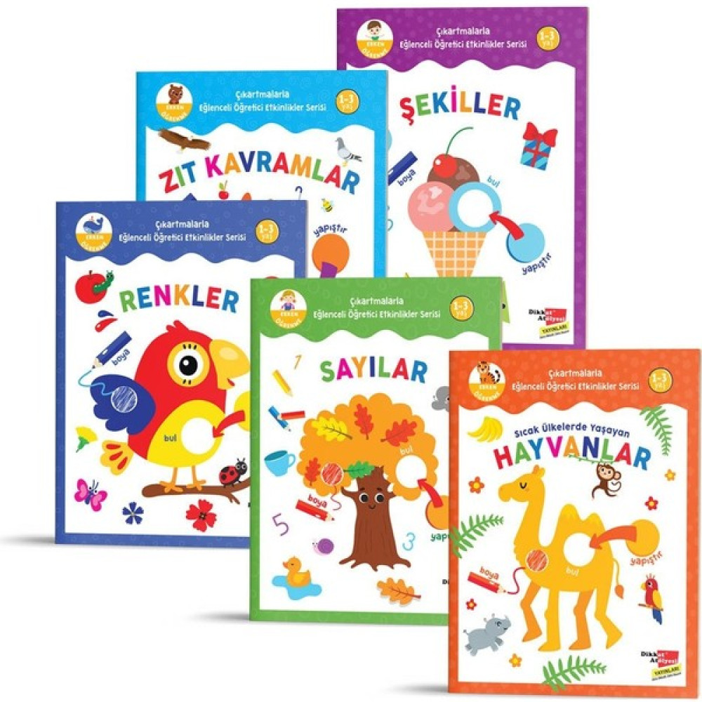 Dikkat Atölyesi Yayınları Çıkartmalarla Eğlenceli Öğretici Etkinlikler Serisi - Renkler, Sayılar, Şekiller, Sıcak Ülkelerde Yaşayan Hayvanlar, Zıt ... Okul Öncesi Eğitici & Öğretici Kitaplar Fiyatı