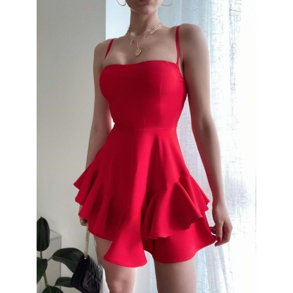 Dilaragül Moda Kadın Prenses Model Volanlı Askılı Mini Elbise - Kırmızı - L Elbise Fiyatı