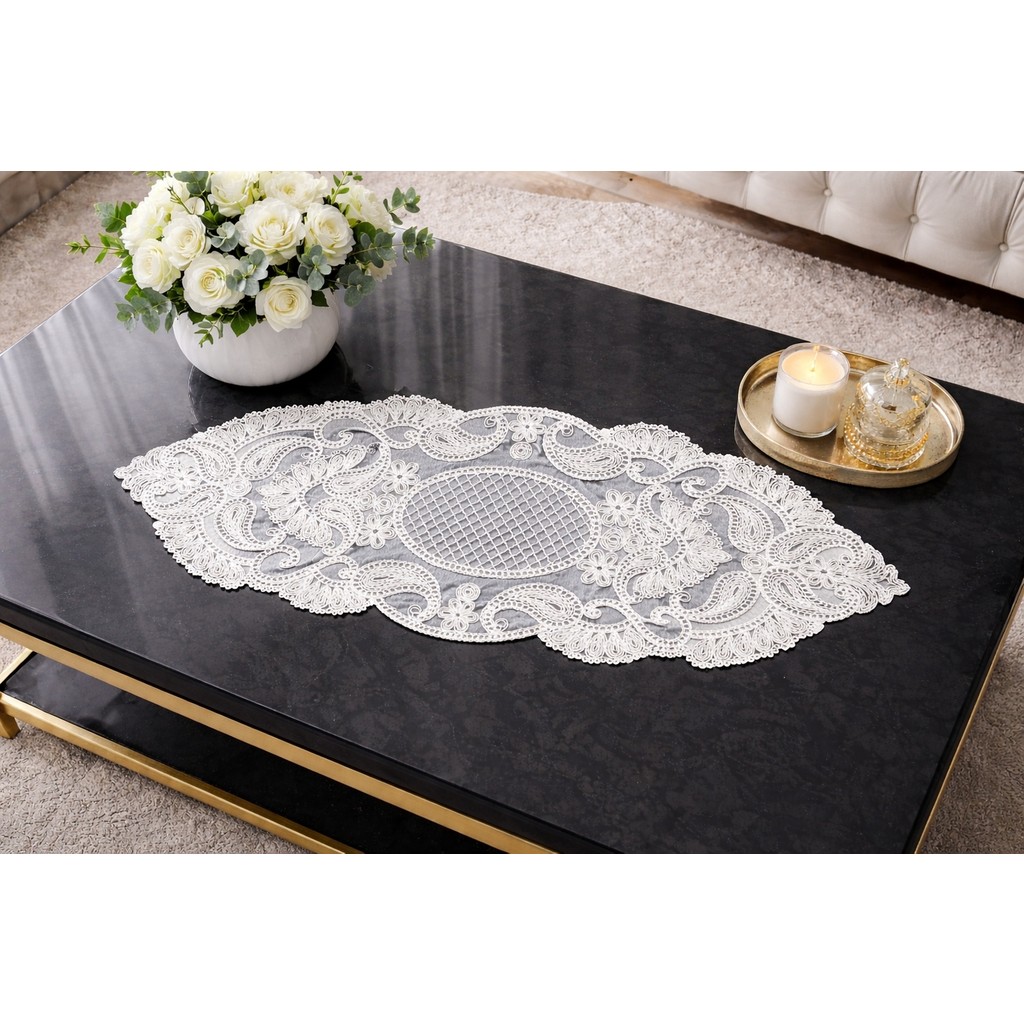 Dilex Fransız Dantelli Tek Runner, Sehpa Örtüsü, Masa Üstü Runner, Çeyizlik Runner Beyaz Bej Renk - 96 x 40 cm SSD / Solid State Drive Fiyatı