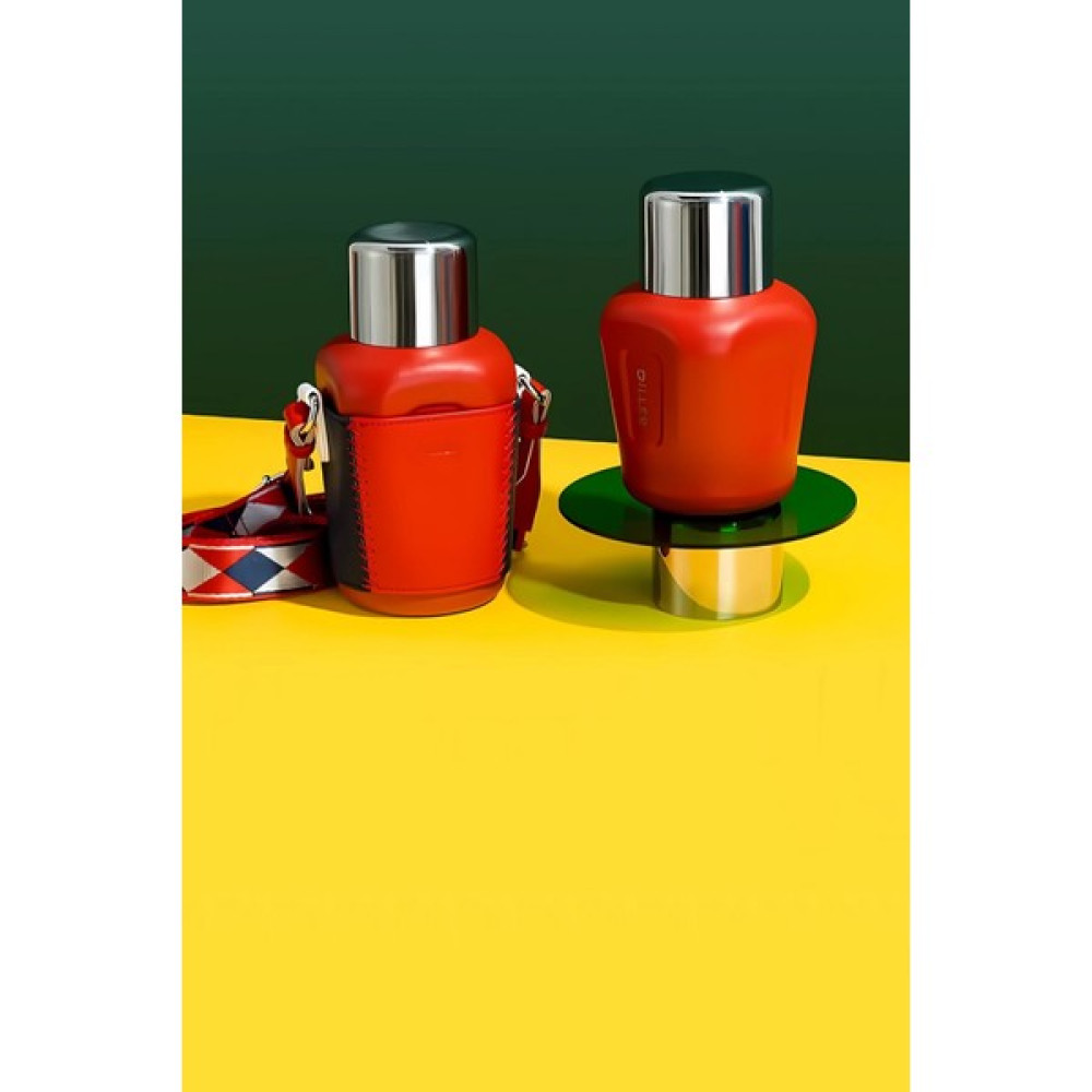 Diller Kılıflı Taşıma Askılı Çift Kullanım Pipetli Bardaklı Çelik Matara 420 ml - Kırmızı Suluk Fiyatı