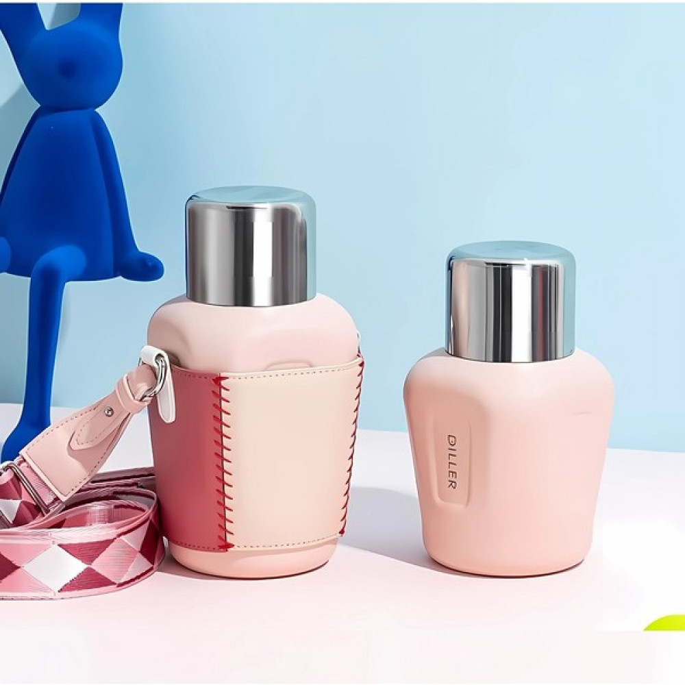 Diller Kılıflı Taşıma Askılı Çift Kullanım Pipetli Bardaklı Çelik Matara 420 ml - Pudra Suluk Fiyatı