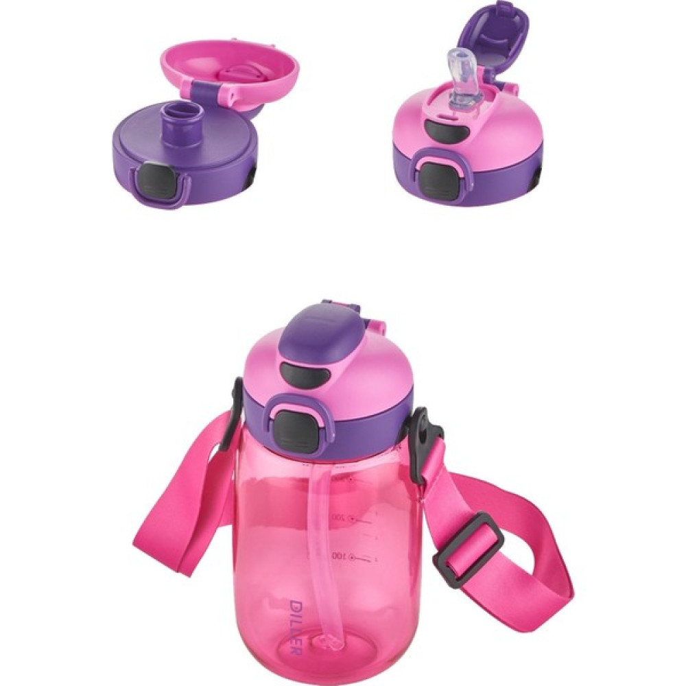 Diller Tek Kapak Çift Kullanım Pipetli-Pipetsiz 550 ml Askılı Tritan Su Matarası - Pembe Suluk Fiyatı
