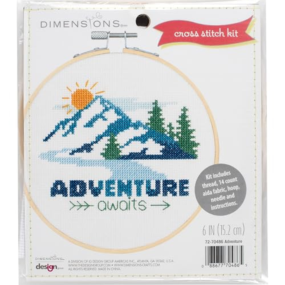 Dimensions 72-70486 Adventure Awaits Counted Cross Stitch Kit for Beginners, 6" Diameter, 14 Cnt. Aida, 5 Pieces
