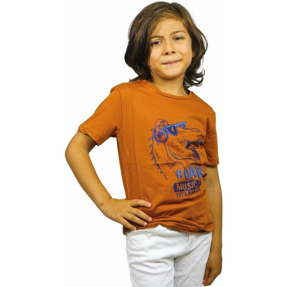 Dinazor Desenli Kahverengi Renk Kısa Kol Çocuk T-Shirt Erkek Çocuk T-shirt Fiyatı