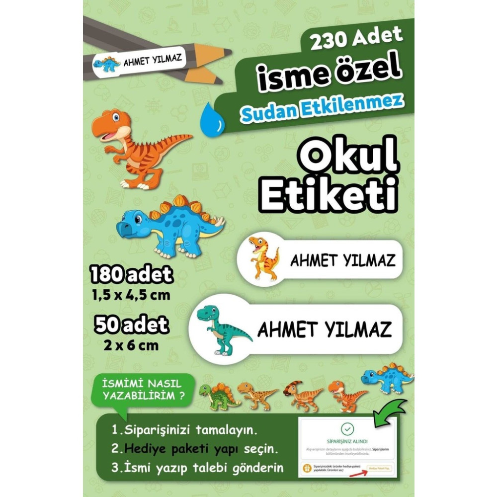 Dinazor Temalı Kişiye Özel Isimli Defter Kalem Okul Etiketi, Yırtılmaz Pvc Etiket - 230 Adet - Beyaz Okul Etiketi Fiyatı