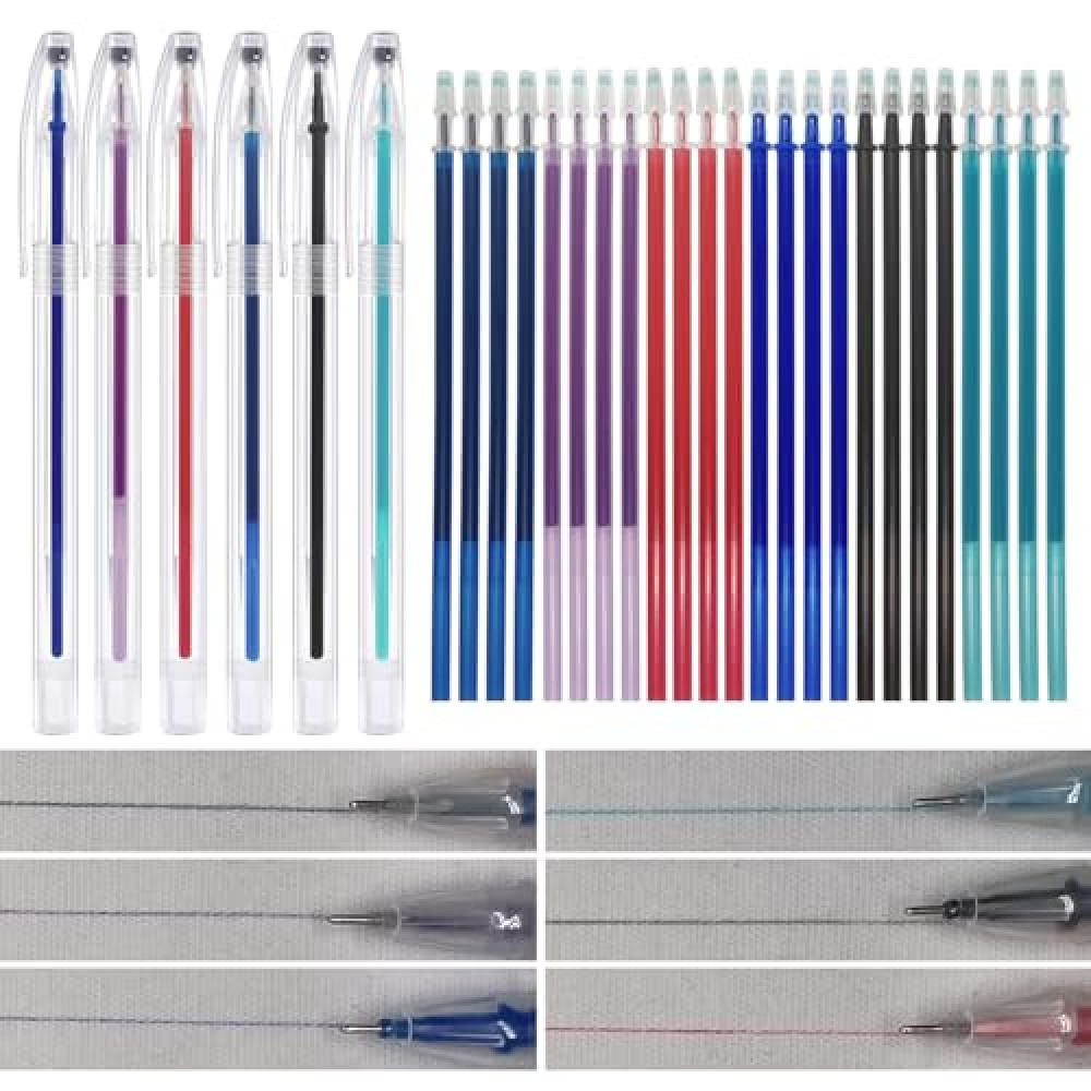 Dinggaogao 6 Heat Erasable Pens Fabric Marker Barrels, 6 colors 24 Refills. Fabric Markers are Suitable forquilting Supplies, Sewing Supplies,Embroidery Tools