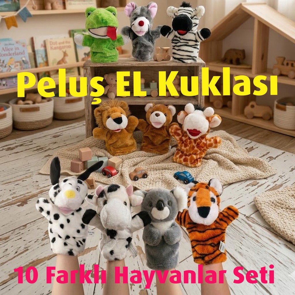 Direkstoktan Peluş El Kuklası Seti 3D El Kuklası - 10 Adet Hayvanlar - Set Of 10 Plush Animal Hand Puppets Anne Bebek Oyuncak Fiyatı