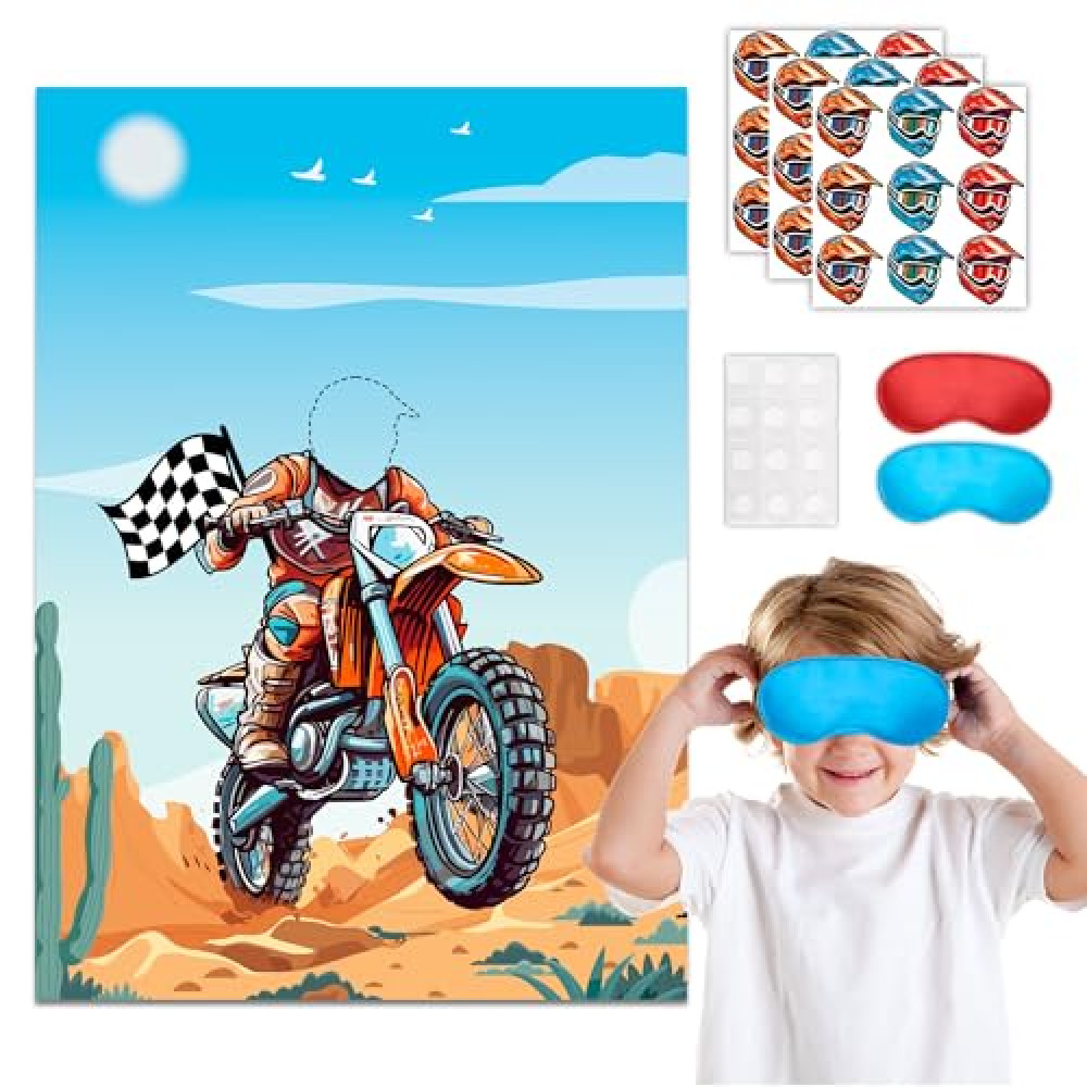 Dirt Bike Party Games, 7 Pcs Motocross Party Game Supplies - Motorcycle Pin Game Poster, Helmets Dirt Bike Stickers & Motorcycle Games Blindfolds etc Dirt Bike Birthday Party Decorations Games