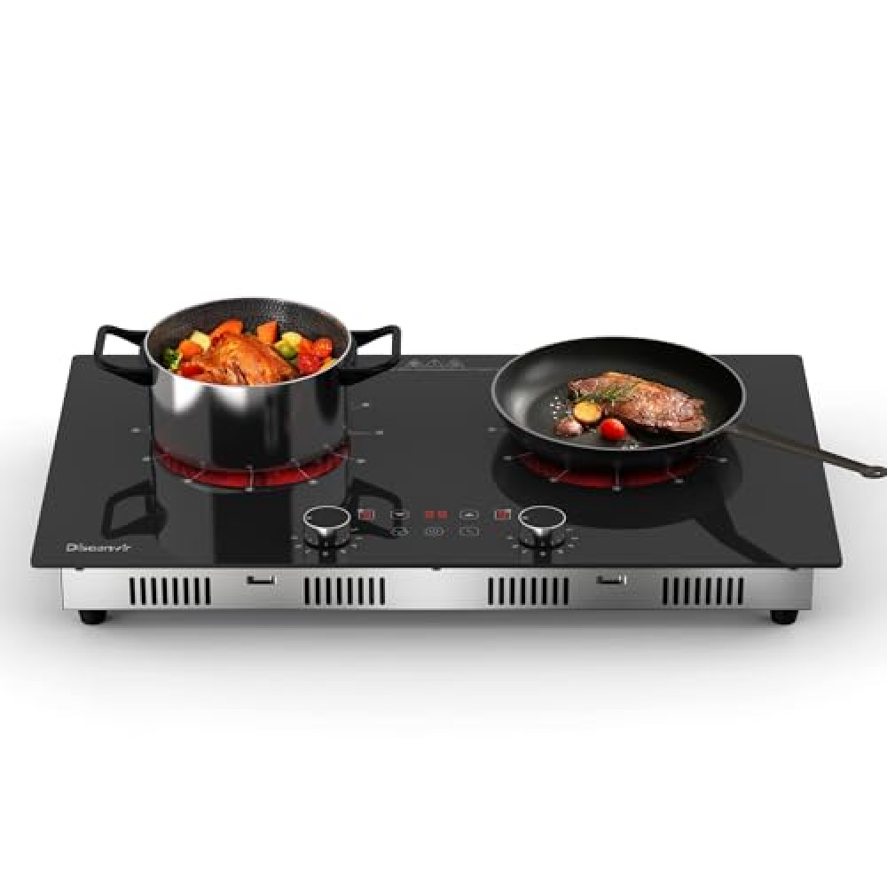 Disaenvir 2 Burner Electric Cooktop 110V - 24 Inch Ceramic Stove Top Countertop & Built-in, 2000W Two Burner Radiant Electric Cook Top with LCD Touch & Knob Control, Timer, Safety Lock, 120V Plug in