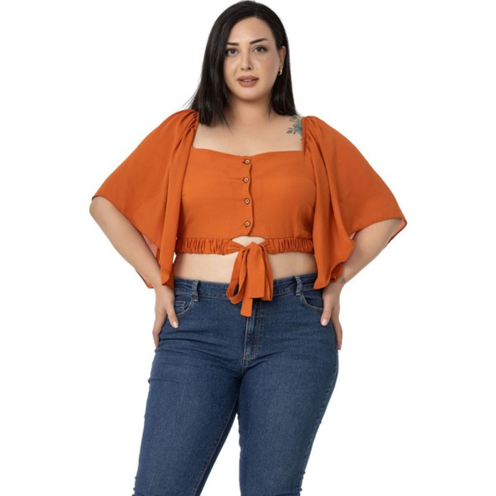 Disentis Modest Büyük Beden Geniş Kollu Beli Lastik Büzgülü Crop Kiremit Bluz Bluz Fiyatı