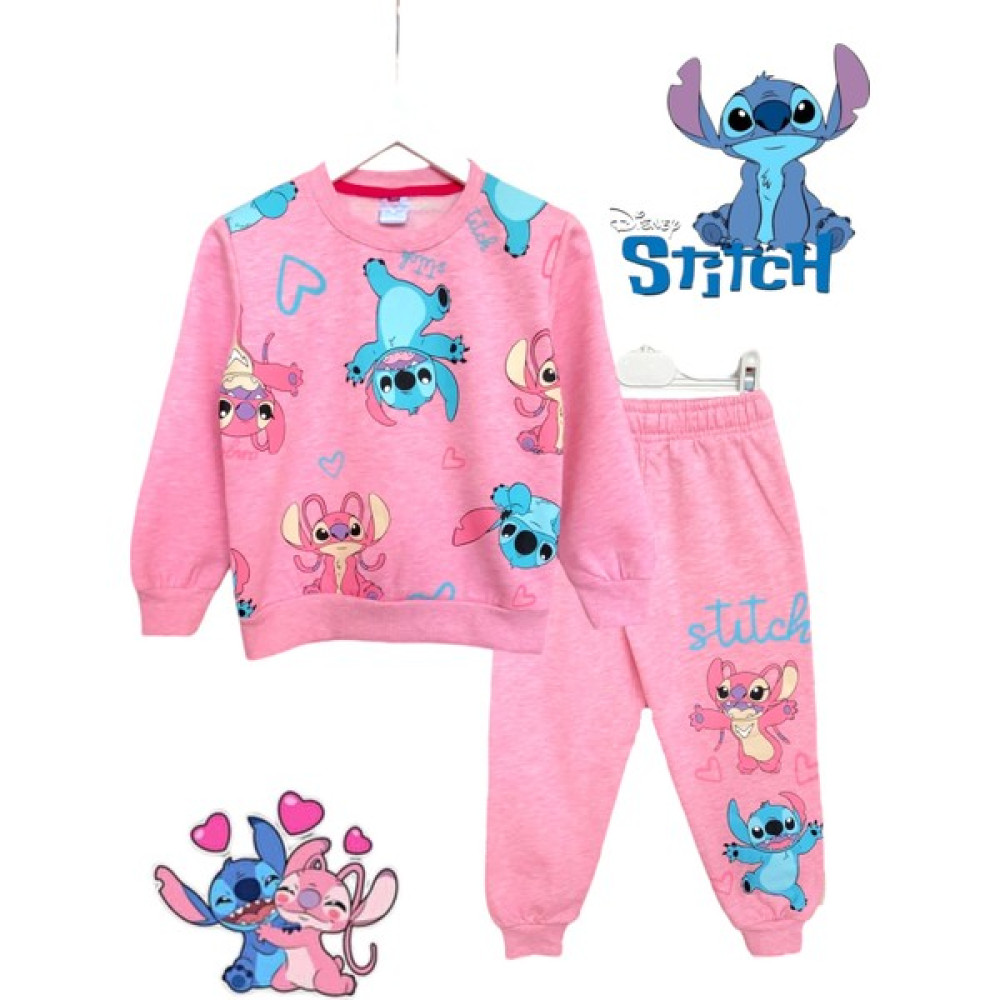 Disney Stitch Baskılı Uzun Kollu Regular Kalıp Pembe Renkli Kız Çocuk Sweatshirt / Eşofman Takımı Kız Çocuk Eşofman Fiyatı