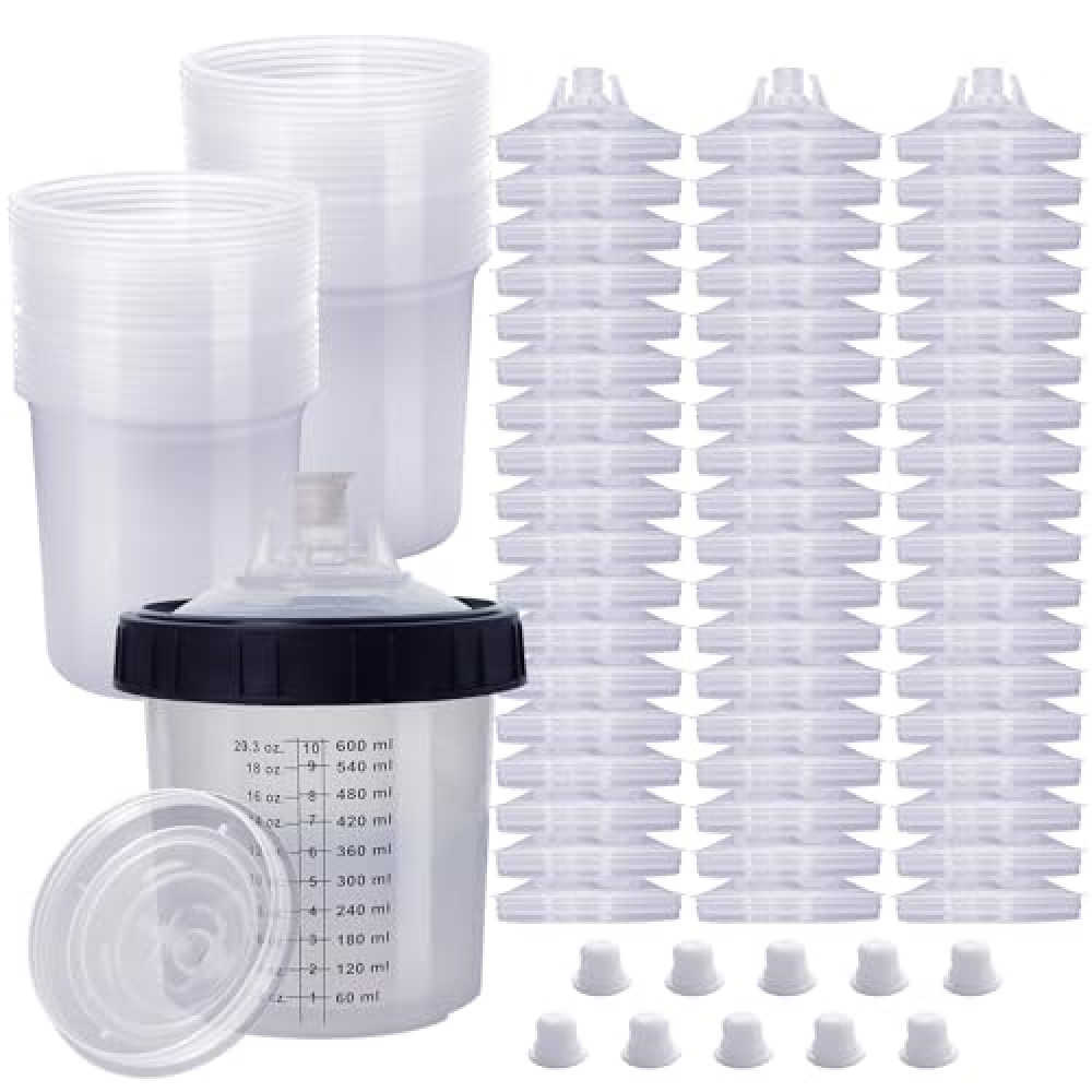 Disposable Paint Cups for Automotive Paint Gun，HVLP Paint Spray Paint Gun 20 Ounce (600ml) Kit with 55 Cups and Lids System, 1 Hard Cup with Retainer Ring and 10 Plugs Car Paints Fiyatı
