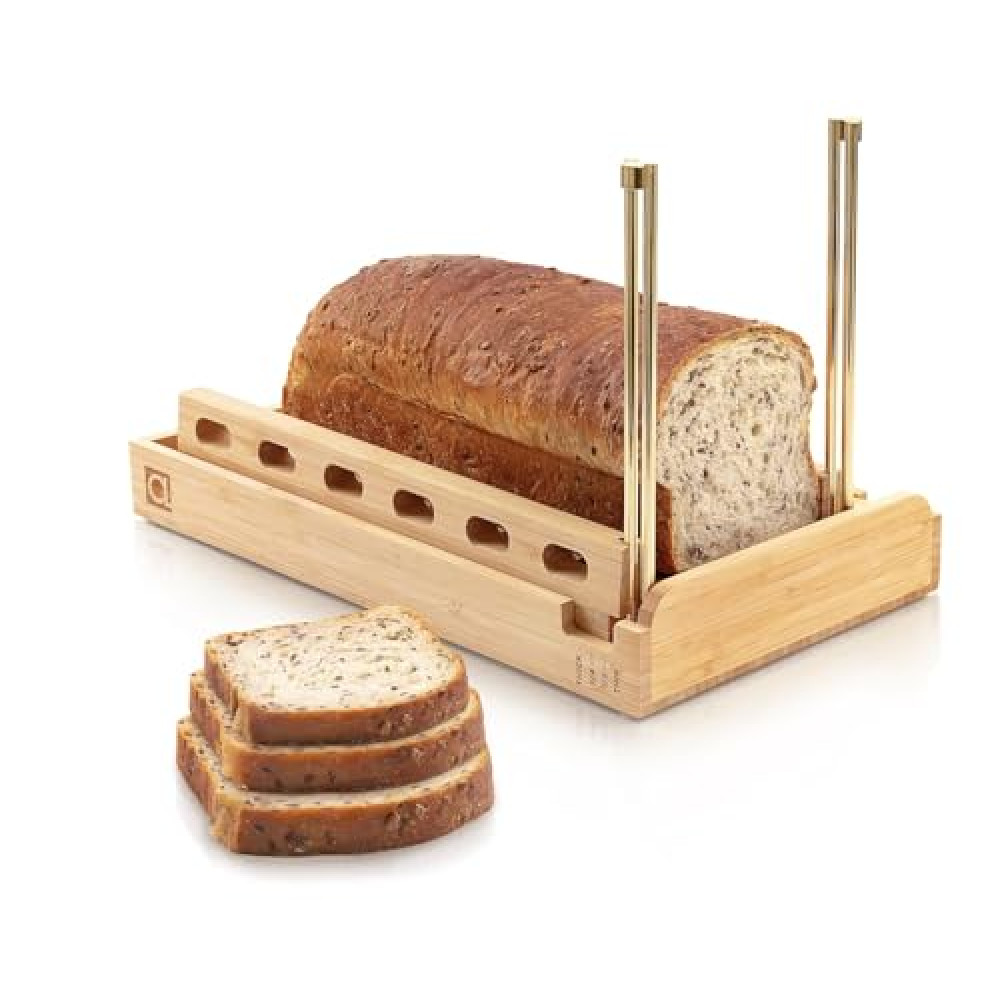 DITTO 2.0 Bamboo Bread Slicer for Homemade Bread - 6.5" Wide Adjustable Bread Slicer Guide Cuts Even Slices, 4 Thickness Options - Works with Buns, Bagels - Incl Crumb Tray