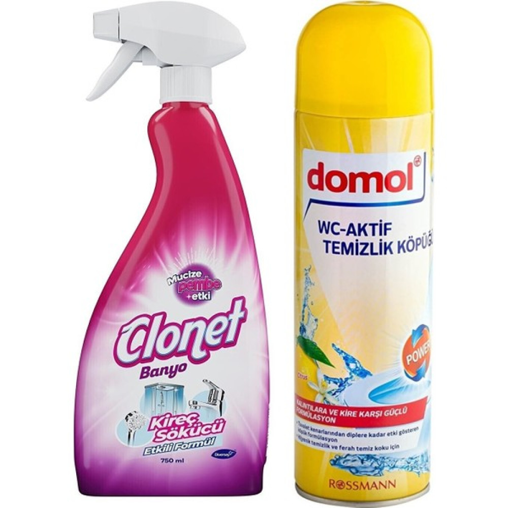 Diversey Clonet Banyo Kireç Sökücü Sprey 750 ml + Domol Tuvalet Temizleme Köpüğü Limon 500 ml (Banyo Set) Temizlik Malzemeleri Fiyatı
