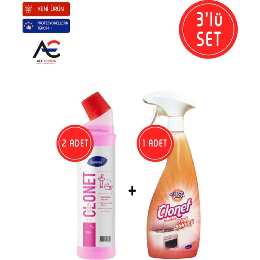 Diversey Clonet Temizlik Paketi ( 1 Adet Mutfak Temizleyici + 2 Adet Banyo ve Kireç Çözücü ) 3'lü Set - 0,75 lt Temizlik Malzemeleri Fiyatı