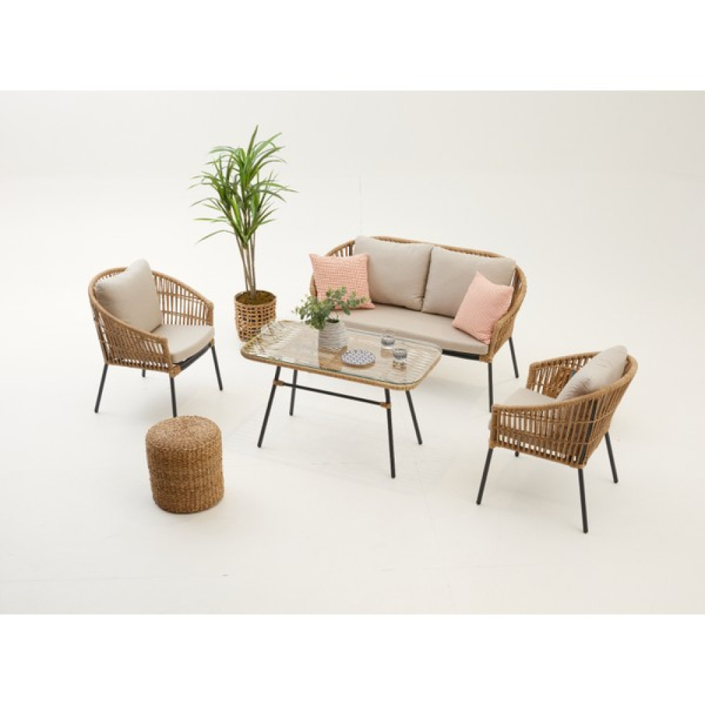 Divona Home Freza Bahçe Oturma Grubu (2+1+1+S) Modern Bahçe Takımı Rattan - Krem Bahçe Mobilyası Takımı Fiyatı