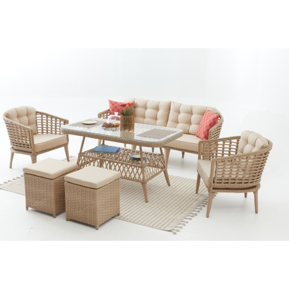 Divona Home Linda Rattan Bahçe Oturma Grubu (3+1+1+S) - Cappuccino Bahçe Mobilyası Takımı Fiyatı