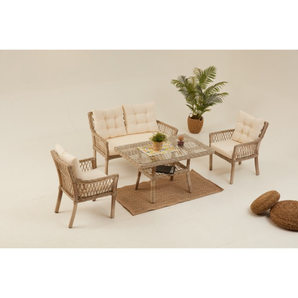 Divona Home Pure Rattan Bahçe Oturma Grubu(2+1+1+S) Dekoratif Bahçe Takımı - Krem Bahçe Mobilyası Takımı Fiyatı