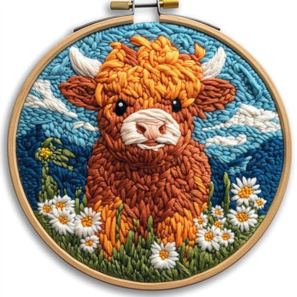 DIY Punch Needle Kits Cute Brown Highland Cow with Daisy Flower Easy for Beginners Punch Needle Yarn Starter Embroidery Set for Craft Lovers with Hoop for Home Decor 20x20cm(4)
