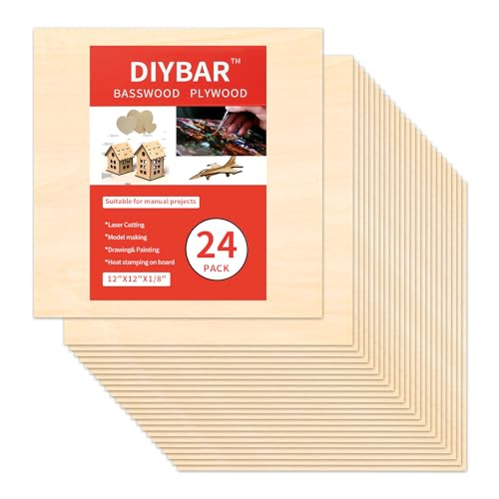 Diybar 24pcs Basswood Plywood for Crafts Unfinished Wood Boards for Laser Cutting, Wood Burning, Architectural Models, Staining (12 x 12 inch(24pack))