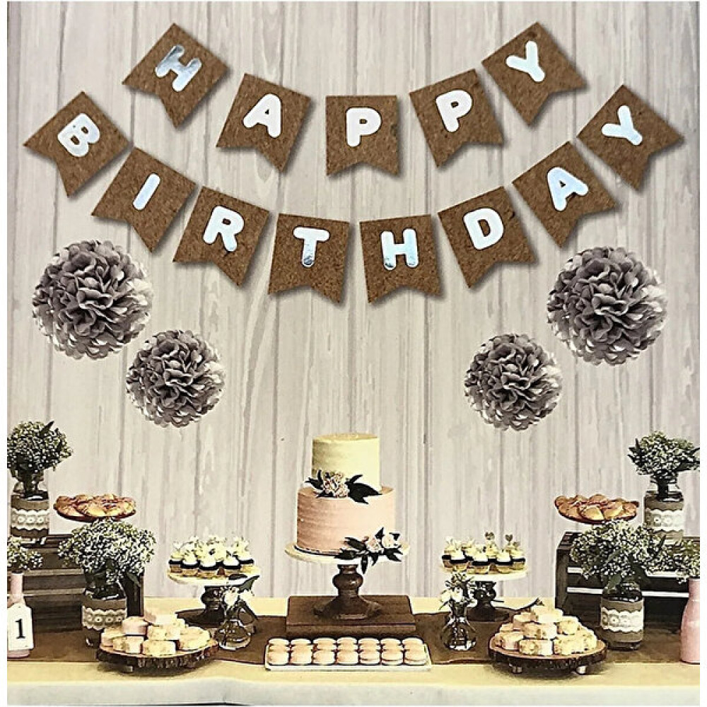 Dizayn Parti Evi Kraft Karton Üstüne Gümüş Gri Happy Birthday Yazılı Yaldızlı Banner Altın, Takı & Aksesuar Fiyatı