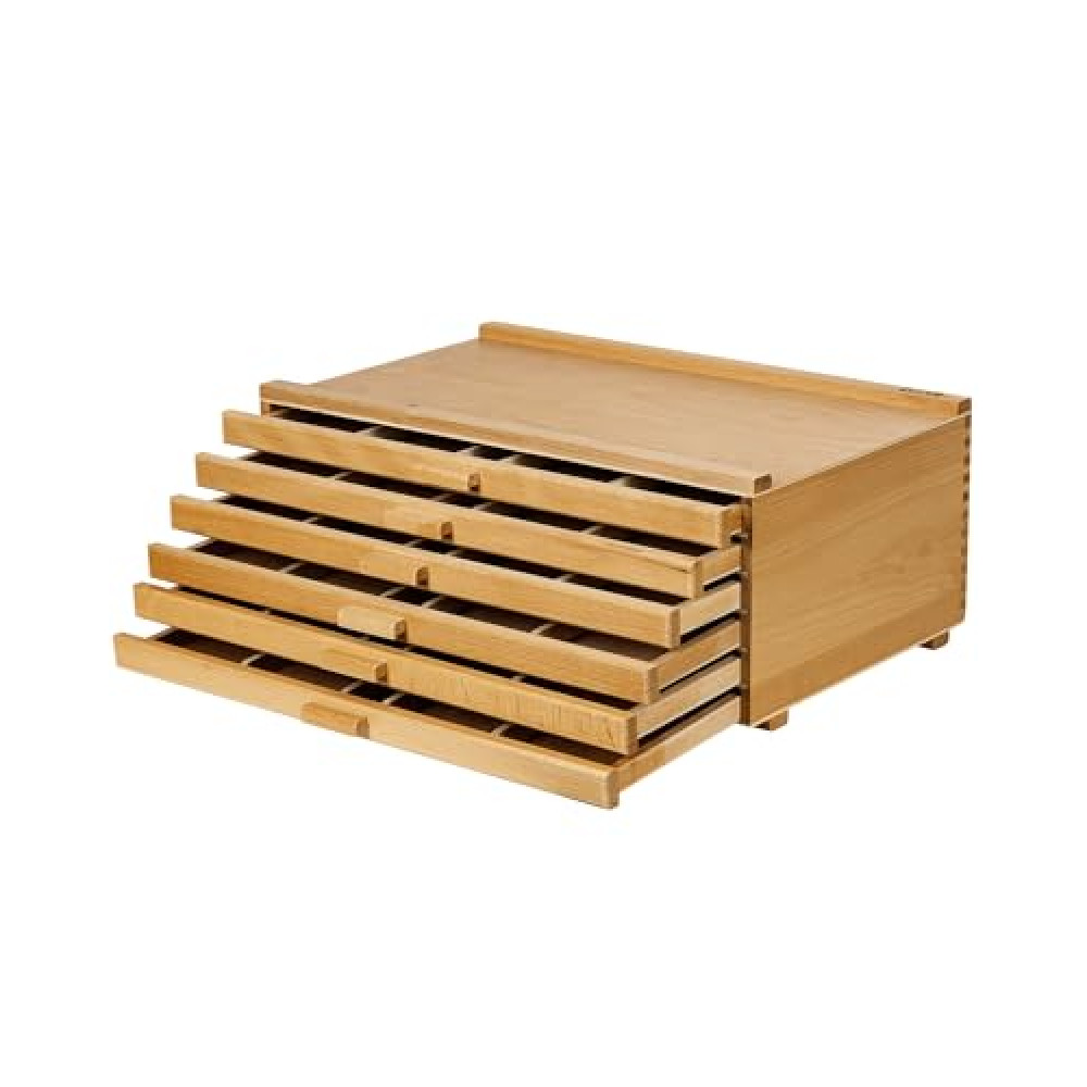 DJAR 6-Drawer Art Supply Storage Box, Portable Beech Wood Organizer with Removable Dividers for Brushes, Pastels, Markers, and Other Art Tools, Natural