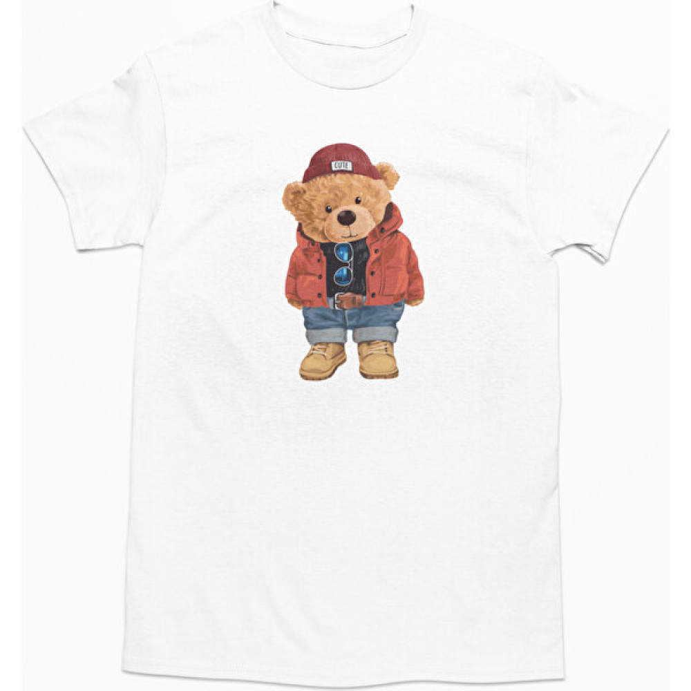 Dk Daksel Beyaz Renk Basic Teddy Bear Kırmızı Kaban Baskılı Kadın Tişört DKSB0178 Bayan T-shirt Fiyatı