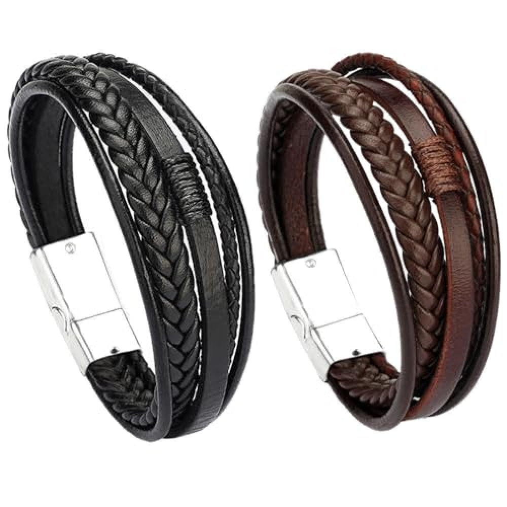 DKDDSSS 2 Pcs Men's Leather Bracelet, Personalised Handmade Braided Multi-Layer Bracelet, Black, for Valentine's Day, Birthday, Wedding