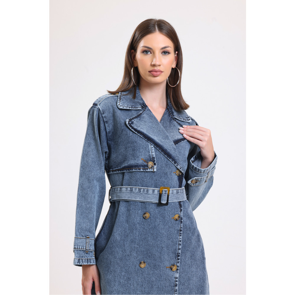 DKmoda Kadın Mavi Kemerli Denim Trençkot Omuz ve Kol Apolet Detaylı M Beden Kadın Trençkot Fiyatı