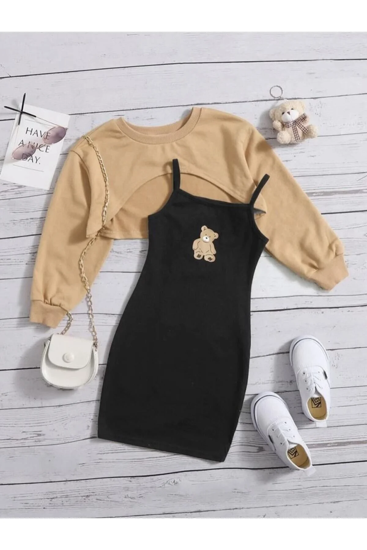 DLRboutique Ayıcık Baskı Elbise & Crop Sweat Kombin 11-12 Yaş Beden" Elbise Fiyatı
