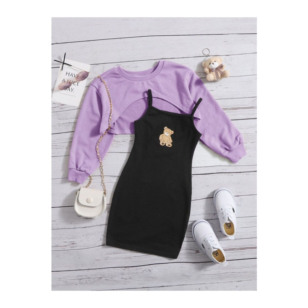 DLRboutique Ayıcık baskı elbise & crop sweat kombin 7-8 Beden Elbise Fiyatı