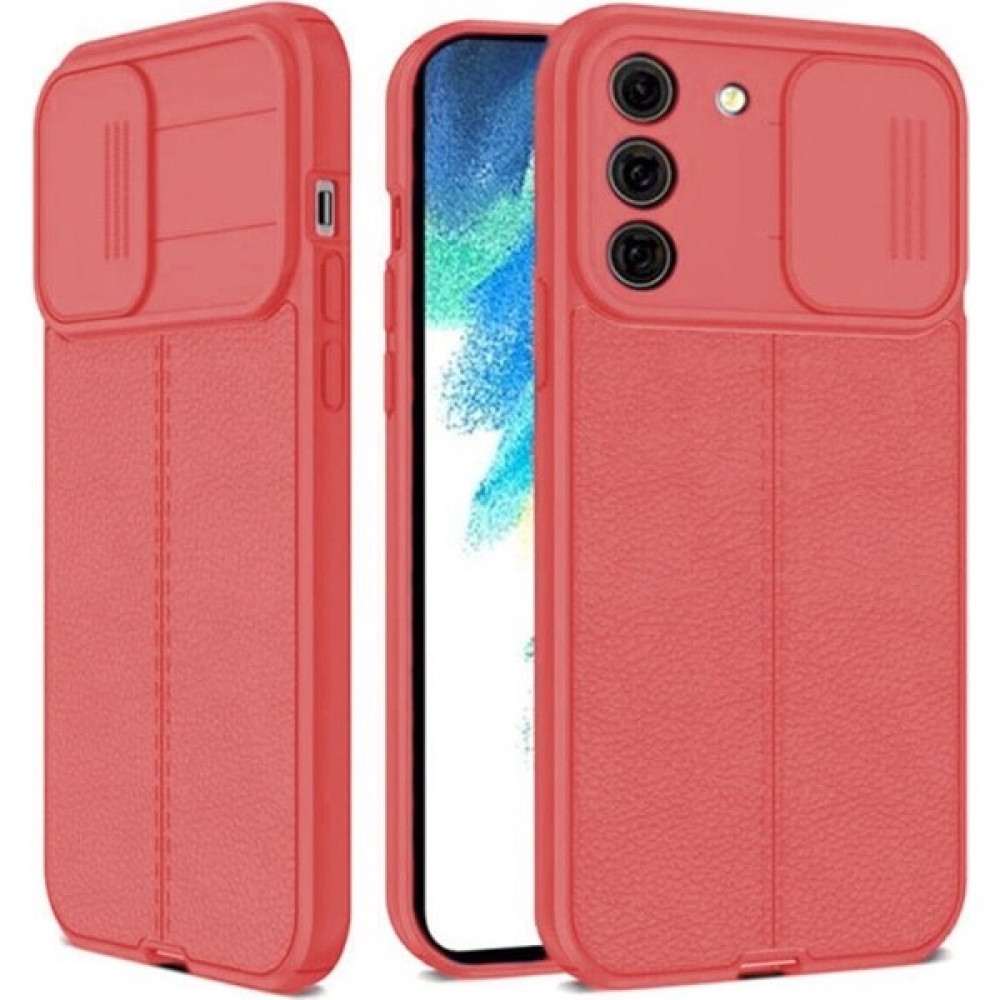 Dlrcase Samsung Galaxy S22 Kılıf Kamera Sürgülü Deri Dokulu Mat Silikon+Nano Glass Kırmızı - Samsung Galaxy S22 5G Cep Telefonu Kılıfı Fiyatı