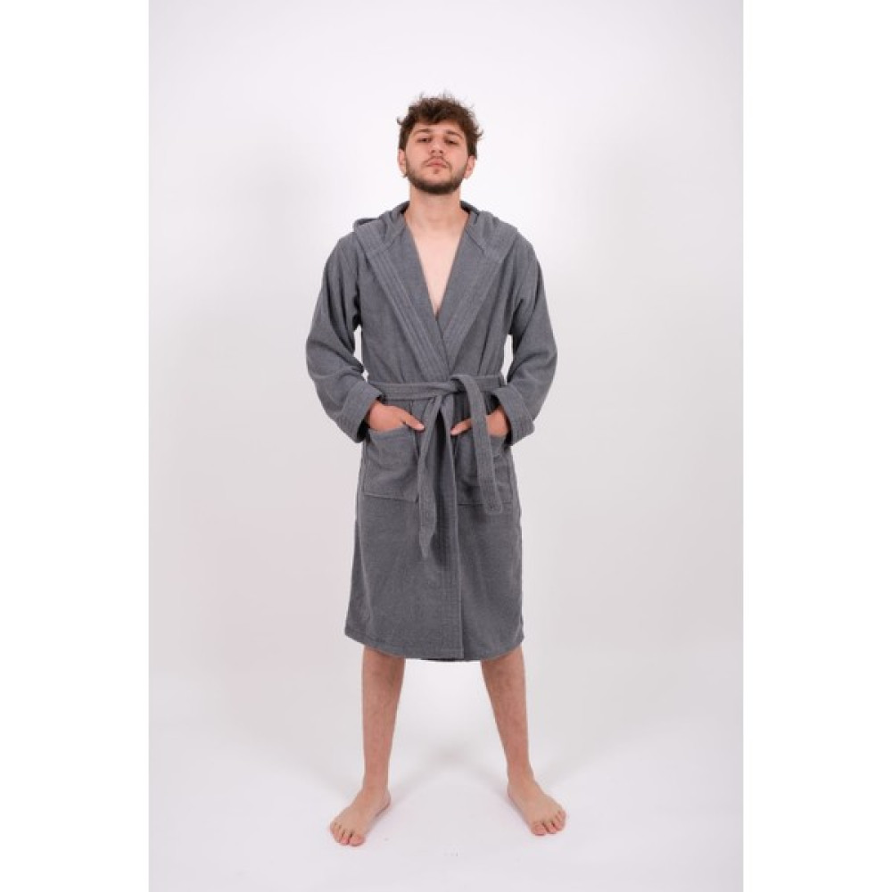 Dm Home Collection Battal Boy Pamuklu Kapüşonlu Erkek Bornoz - 2XL - Koyu Gri Bornoz Fiyatı