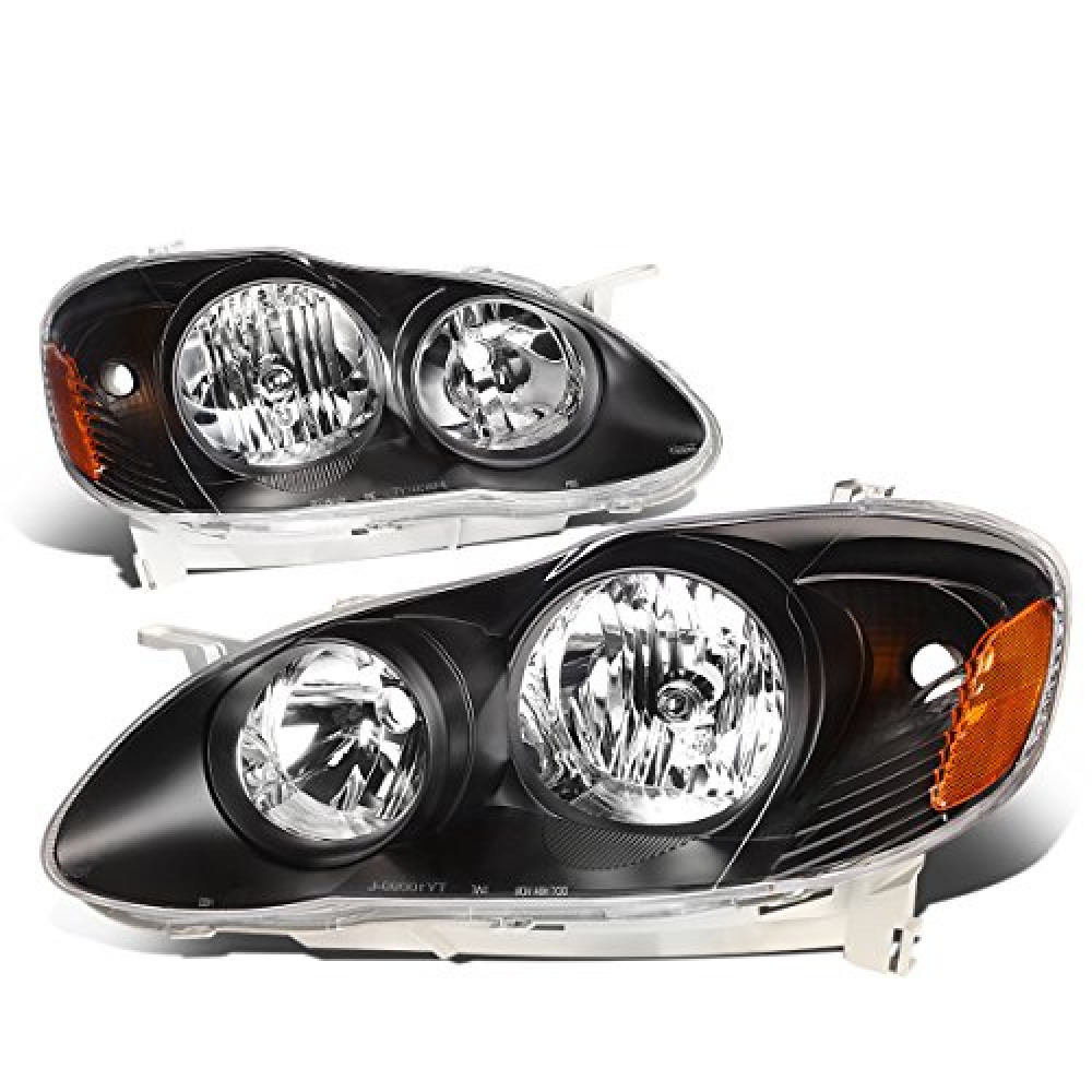 DNA Motoring HL-OH-TCO02-BK-AM Black Housing Amber Corner Reflector Headlights Compatible with 03-08 Corolla,Left & Right Side