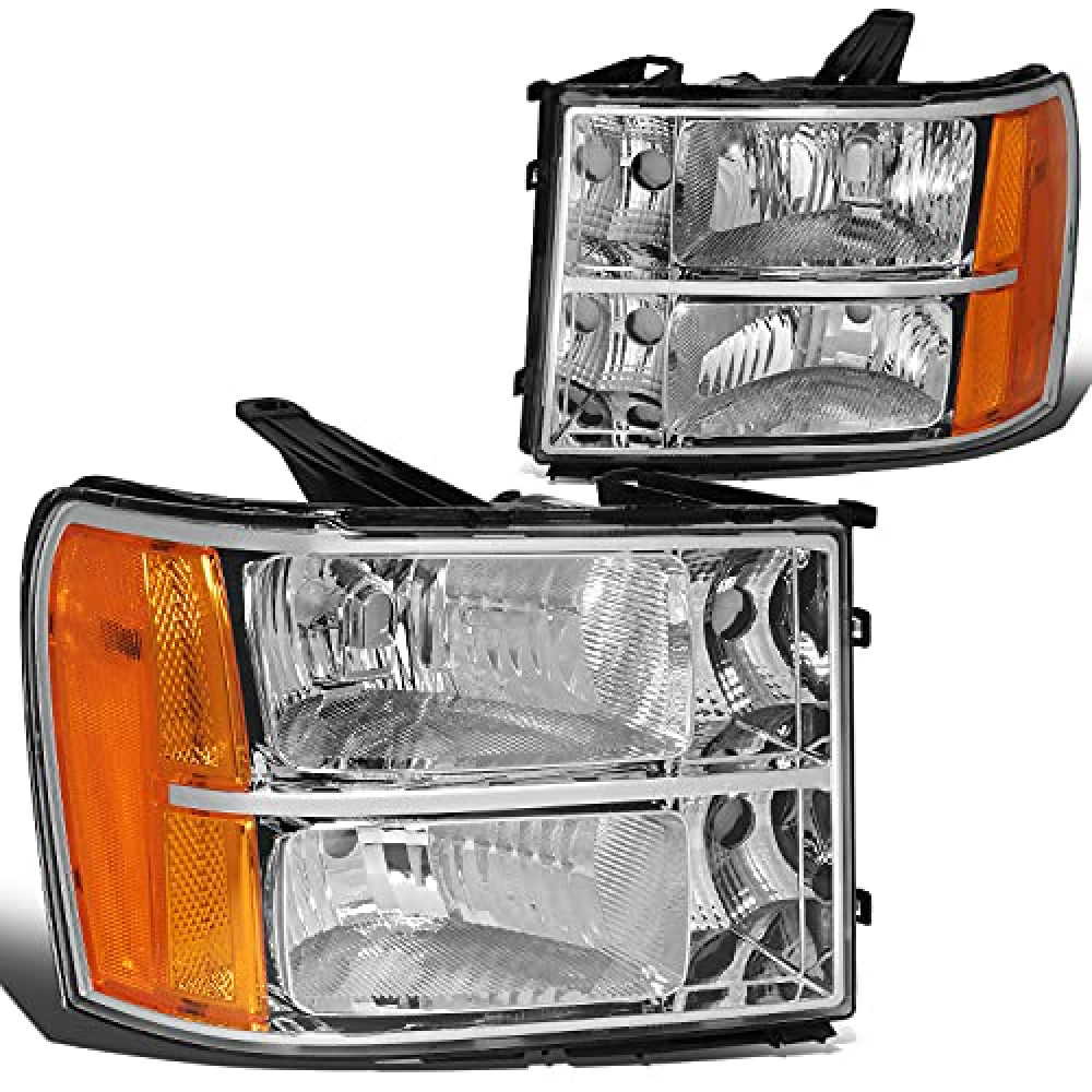 DNA MOTORING Pair Headlight Assembly Compatible With 07-13 GMC Sierra 1500/07-14 Sierra 2500 HD 3500 HD, Chrome/Amber, HL-OH-GMCSIE07-CH-AM