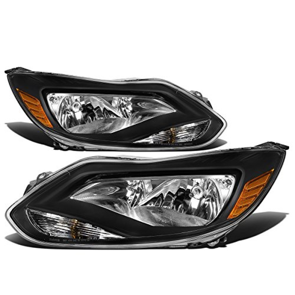 DNA MOTORING Pair Headlight Assembly Compatible with 12-14 Ford Focus, Black/Amber, HL-OH-FF12-BK-AM