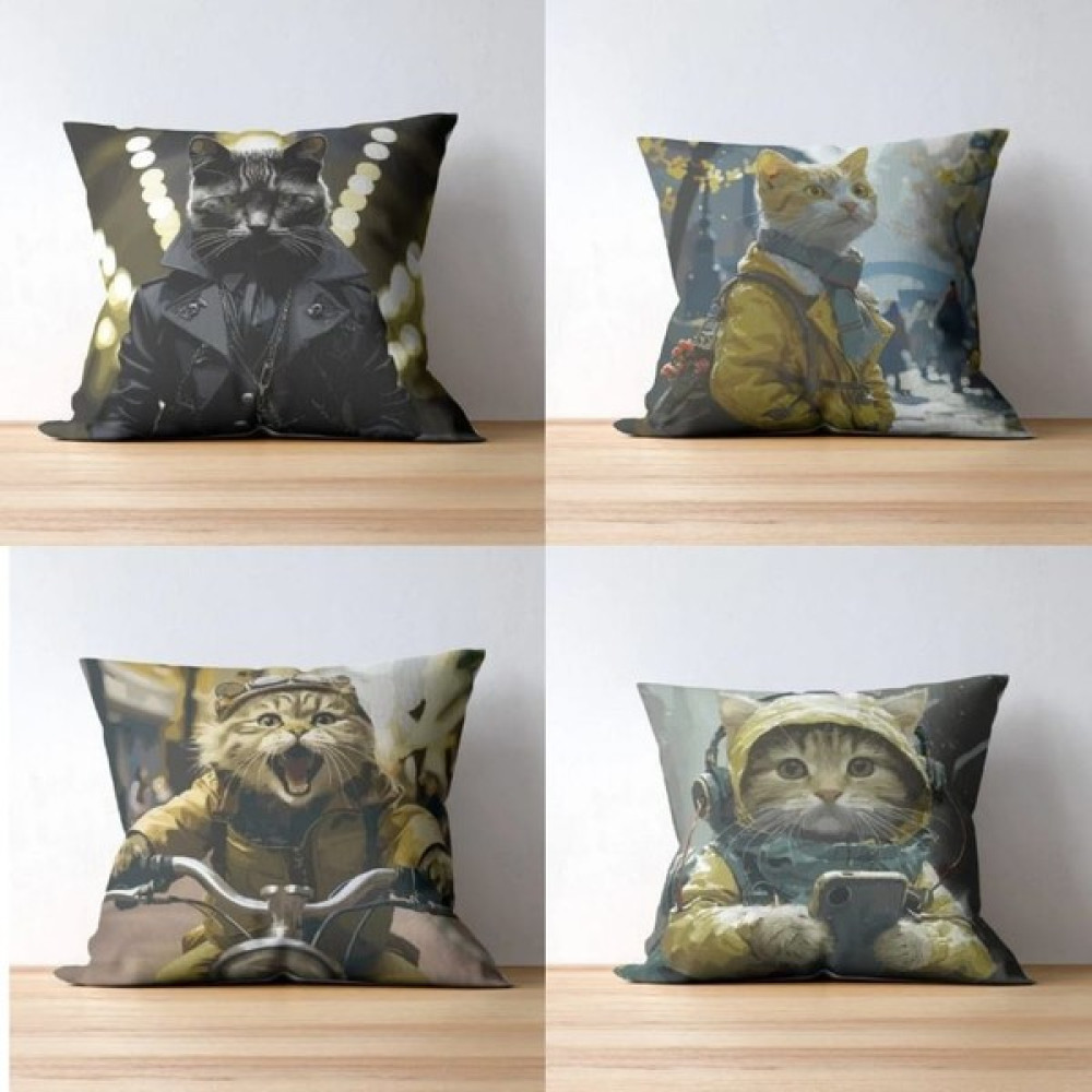 Dnr Home Dnrhome Kedi Desenli 4'Lü Takım Kırlent Kılıfı - Jarse Kumaş Dijital Baskı - 43 x 43 cm - Renkli Kırlent / Mobilya Yastığı Fiyatı