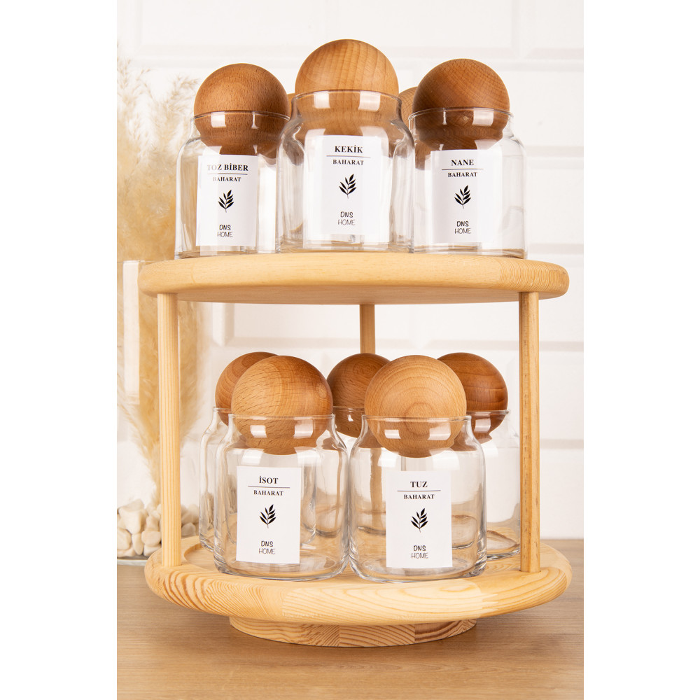 DNS HOME 10lu Ahşap Top Kapaklı Döner Standlı Etiketli Cam Baharatlık Seti Saklama Kavanozu 300 ml Baharat Setleri & Baharatlıklar Fiyatı