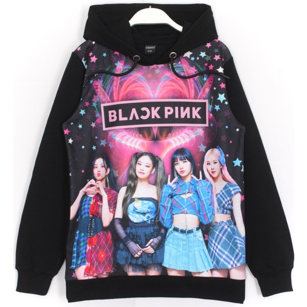 DobaKids Blackpink Korean Pop Grup Dijital Baskı Kız Çocuk Siyah Renk Kapüşonlu Sweatshirt Hoodie Kız Çocuk Sweatshirt Fiyatı
