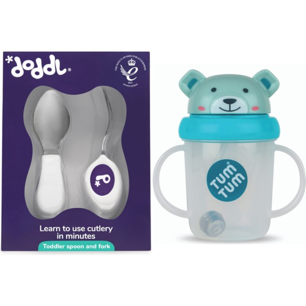 Doddl 2.li Çatal Kaşık Seti Indıgo ve Tum Tum Ağırlıklı Damlatmayan Pipetli Matara / Suluk Borıs Bear Mama Seti Fiyatı
