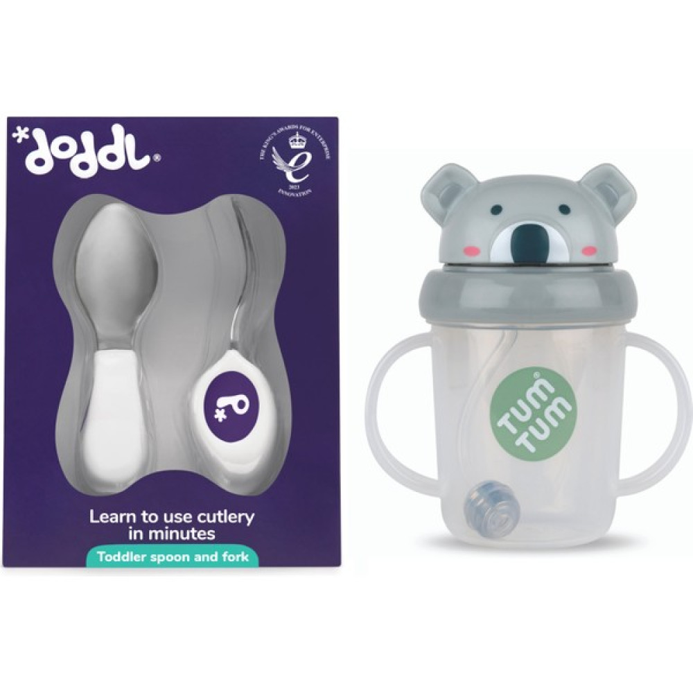 Doddl 2.li Çatal Kaşık Seti Indıgo ve Tum Tum Ağırlıklı Damlatmayan Pipetli Matara / Suluk Kev Koala Mama Seti Fiyatı