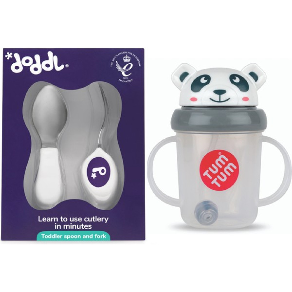 Doddl 2.li Çatal Kaşık Seti Indigo ve Tum Tum Ağırlıklı Damlatmayan Pipetli Matara / Suluk Pip Panda Mama Seti Fiyatı