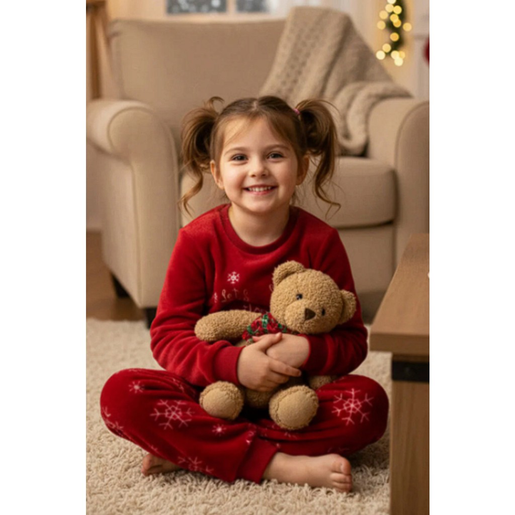 Dofi Kız Çocuk 1731 Süper Soft Kışlık Yılbaşı Yıldız Temalı Pijama Takımı - Kırmızı Diğer Fiyatı