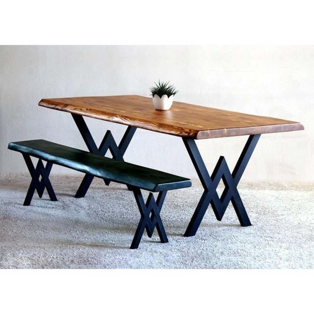 Doğal Ağaç Masif Kütük Masa 90CM x 180CM + 1 Bank Bench ( Metal Ayak ) - Ceviz Yemek & Mutfak Masası Fiyatı