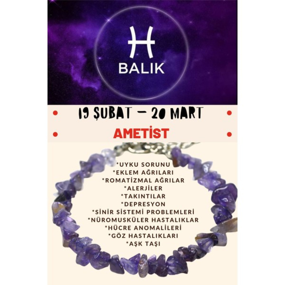 Doğal Taş Dünyası Sertifikalı Burç Taşı Balık Burcu Ametist Taşı Bileklik - Mor Saat ve Bileklik Aksesuarı Fiyatı