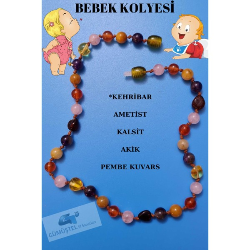 Doğal Taş Dünyası Sertifikalı Doğal Taş Bebek Kolyesi Kehribar, Ametist, Kalsit, Akik, Pembe Kuvars Bebek Kolye Bijuteri Kolye Fiyatı