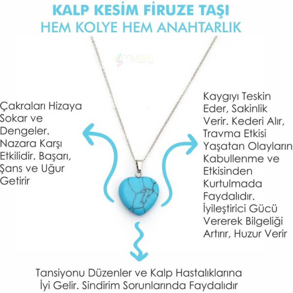 Doğal Taş Firuze Taşı Kalp Kesim Ister Kolye Ister Anahtarlık - Turkuaz - 50 cm Bijuteri Kolye Fiyatı