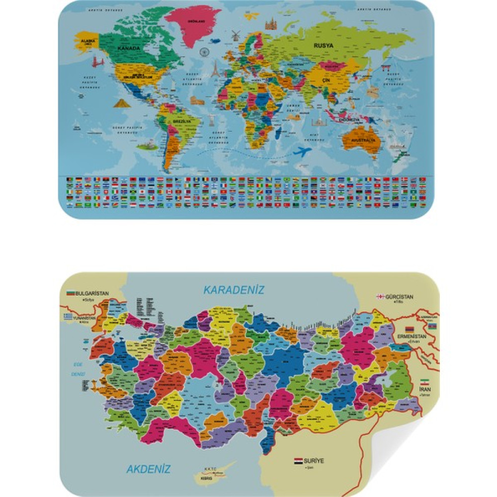 Doğal Tercih Türkçe Dünya ve Türkiye Haritası Eğitici Ülke Bayraklı Çocuk Odası Genç Odası Duvar Sticker 3882B Diğer Fiyatı