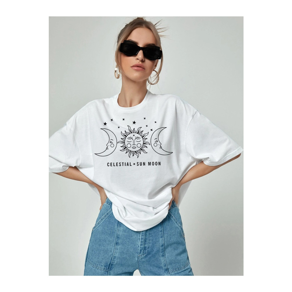 Doğannboss Güneş Ay Baskılı Oversize Tshirt 5XL Beden Bayan T-shirt Fiyatı
