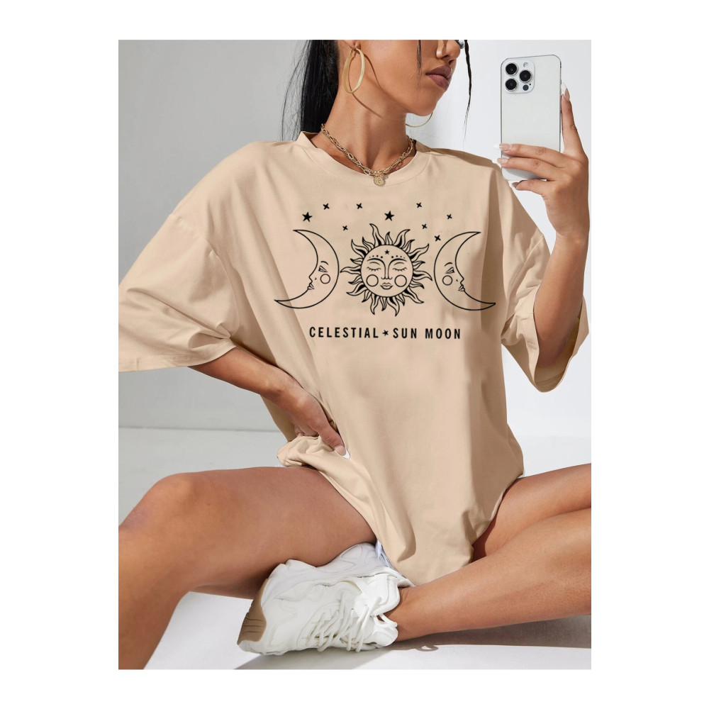 Doğannboss Güneş Ay Baskılı Oversize Tshirt XXL Beden Bayan T-shirt Fiyatı